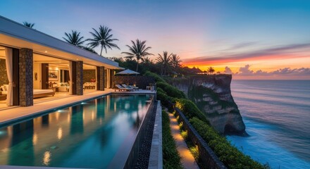 Fototapeta premium Luxury Villa with Infinity Pool Overlooking the Ocean at Sunset.