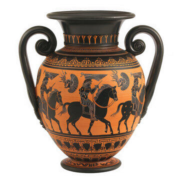 Ancient greek amphora vase with horsemen decor as PNG element isolated on transparent background