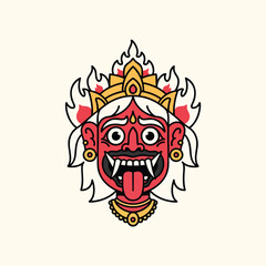 Obraz premium A flat illustration of a red demon head with white hair, flame-like headdress, fangs, and tongue, on a beige background