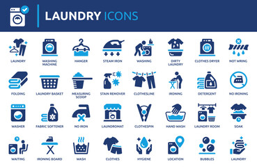 Laundry icon set, containing washing machine, dryer, hanger, iron, clothes and hygiene. Solid vector icons collection.