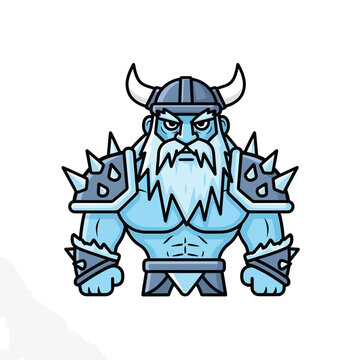 A muscular, cartoonish humanoid figure, clad in ice-blue armor and a helmet with horns, bears a stern expression. Its long beard appears frozen