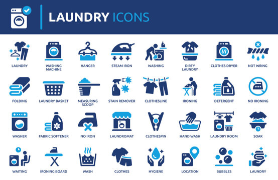 Laundry icon set, containing washing machine, dryer, hanger, iron, clothes and hygiene. Solid vector icons collection.