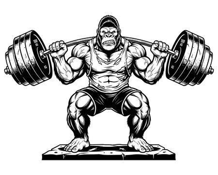 Vector illustration of a powerful muscular gorilla performing a heavy barbell back squat exercise. Black and white gym mascot or fitness logo design.