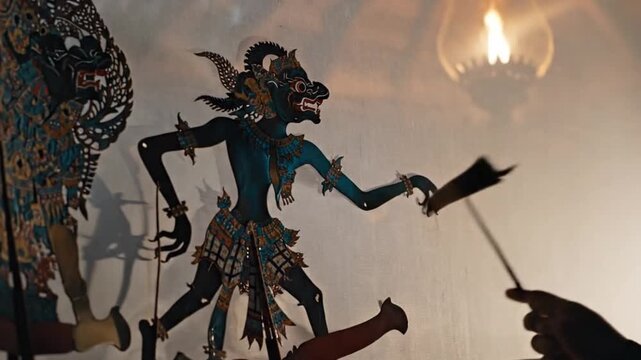 Festival Wayang, close-up of a traditional Wayang Kulit silhouette behind a translucent white screen