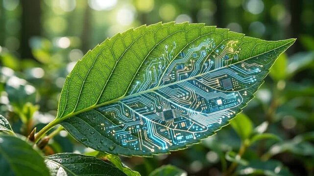 Green leaf circuit pattern ethical investment technology concept in natural forest light with digital leaf sustainability innovation nature future