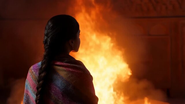 Woman with long braid wearing colorful shawl standing still by fire featuring flames, burning, heat with warm and cozy elements for peaceful, serene