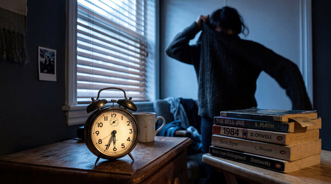 Alarm Clock and Books at Dawn