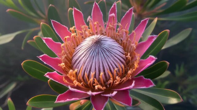 Close-up of pink and purple protea flower with green leaves