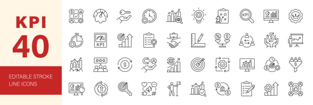 KPI icon set. Key Performance Indicator icon collection. Editable line icons. Vector illustration.