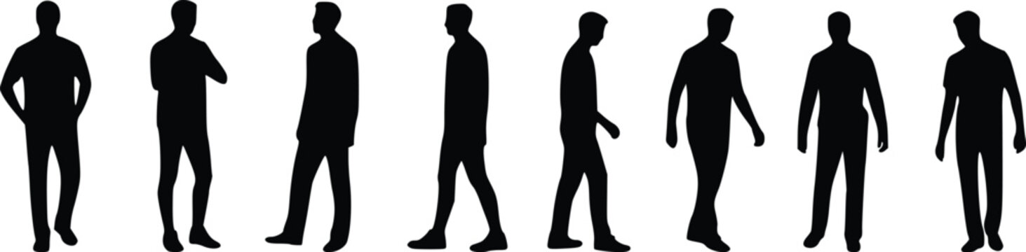 Set of Male Silhouette Poses Walking Standing and Side View Vector Illustration Collection