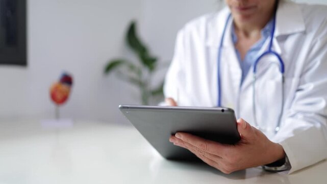 Cardiologist doctor holding a tablet, managing patient medical records and data in her modern clinic office, showcasing advancements in digital healthcare and technology