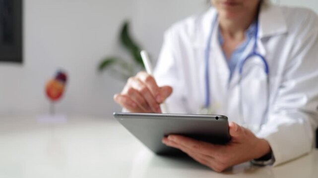 Professional doctor using digital tablet with stylus for electronic health records and telemedicine consultation in a modern hospital office, close up on hands
