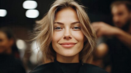 Fototapeta premium Young woman with blonde bob haircut smiling at the camera in a salon