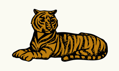 Obraz premium Vector drawing. The tiger lies on the ground