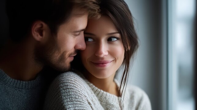 Intimate moment between a young couple sharing a tender gaze near a window