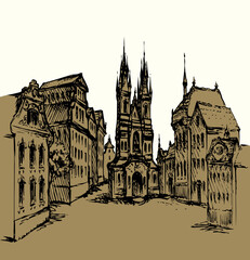 Fototapeta premium Old city street. Vector drawing