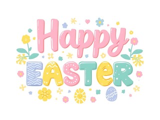 Obraz premium Playful happy easter lettering with colorful patterns and floral elements with white background