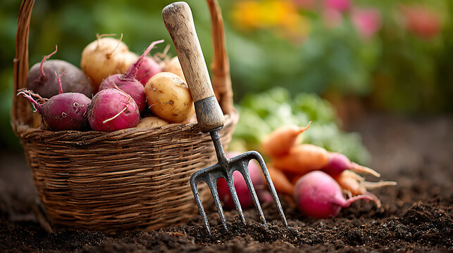 Garden fork in soil beside a basket of root vegetables, symbolizing soil care and fresh farm-to-table harvest.