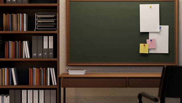 Document paper and sticky note pinning on bulletin board over wooden table aside bookshelf in office