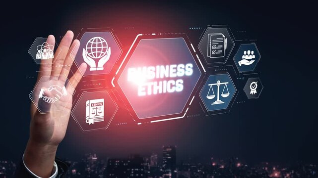 Business Ethics Concept with Digital Icons Representing Integrity, Compliance, Fairness, and Social Responsibility in Professional Environments Sigmoid
