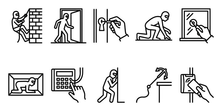 A collection of minimalist line art icons depicting various methods of intrusion and theft, conveying themes of crime, security, and danger.