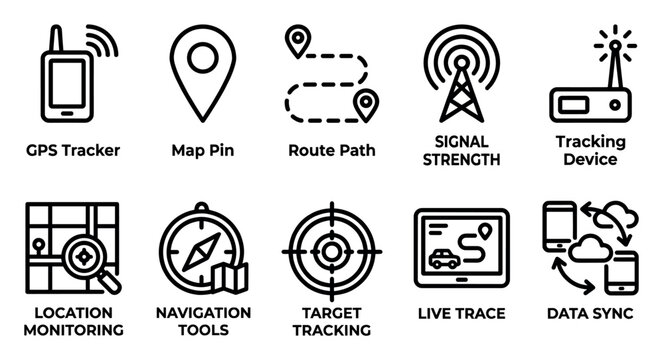 A collection of clean, modern line icons representing various navigation, tracking, and communication technologies for digital and print use.