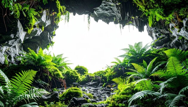 Lush Green Cave Entrance With Ferns And Moss Illuminated By Soft Natural Light