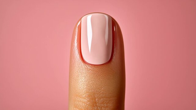 Close-up of manicured finger with glossy pink nail polish against a soft pink background, showcasing the smooth finish and healthy appearance of the nail