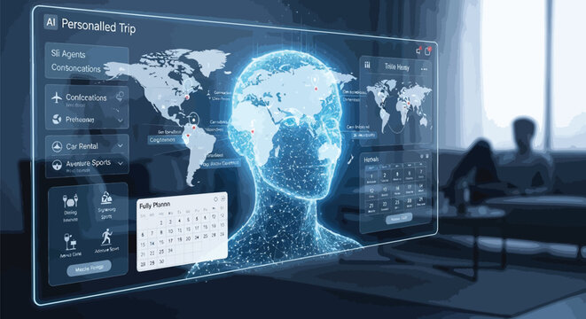 Futuristic travel interface, virtual trip planner, digital map, personalized travel
