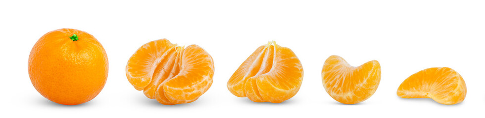 Ripe tangerines set, whole, peeled, without peel, slice of clementine, half of mandarin isolated on a white background. Mandarin, clementine or tangerine slices.