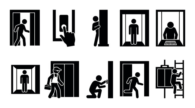 A collection of black and white pictogram icons depicting various actions related to elevators, doors, and access in a clean, modern graphic style.