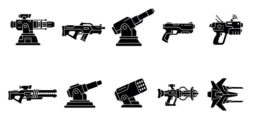 Fototapeta premium A collection of black futuristic weapon icons and futuristic spacecraft displayed on a white background, suitable for gaming or sci-fi projects.