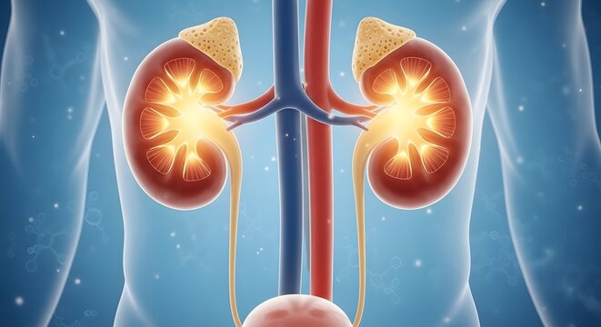 Kidney anatomy and renal health function. Urology and metabolic system diagnostic. Detailed illustration of human kidneys with adrenal glands on a blue background