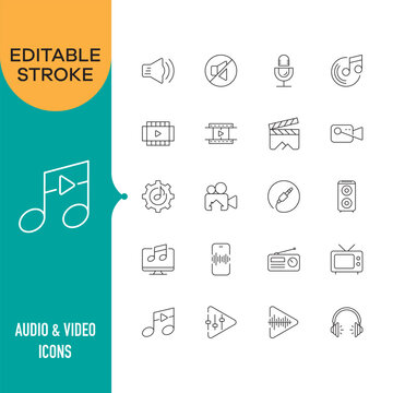 Audio & Video Outline Icon Set Editable Stroke Media Line Icons Pack Multimedia UI Vector Collection.eps