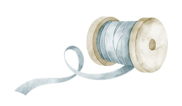 Ribbon watercolor illustration of blue fabric roll on spool with loose curling strip. Vintage craft accessory on isolated on isolated background for sewing design, packaging, scrapbooking and decor.