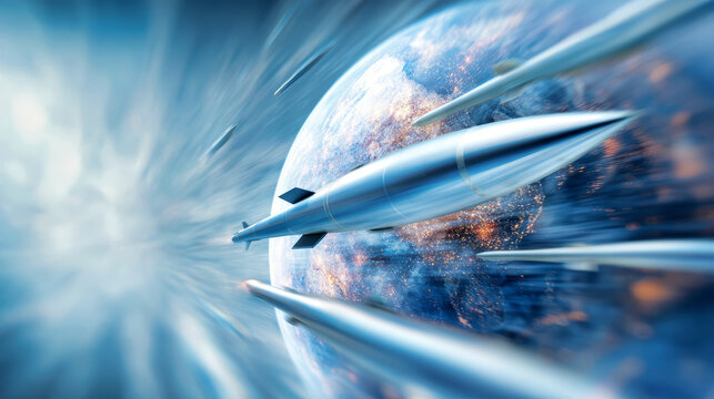 Nuclear missiles race around the globe, showcasing a fast-paced military theme and creating a dramatic scene against a blurred background