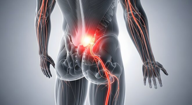 Sciatica nerve pain and lower back anatomy. Spinal cord issues and nervous system. Rear view of human body with glowing red nerves from spine to legs