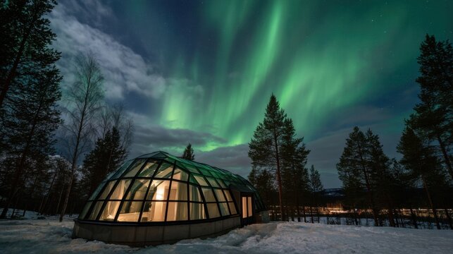 Glass igloo structure illuminated at night under the northern lights in a snowy forest landscape with tall trees and a starry sky in the background