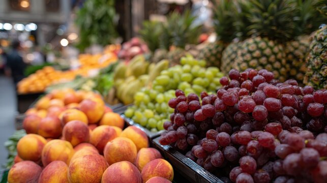 Fresh assorted fruits including apples, grapes, pineapples, and oranges displayed in vibrant market setting with blurred background of shoppers and stalls