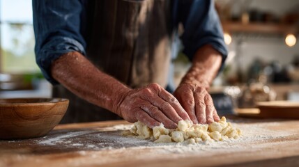 Fototapeta premium Male chef preparing dough on wooden countertop in a rustic kitchen, flour scattered, wooden bowl and kitchen tools visible in the background