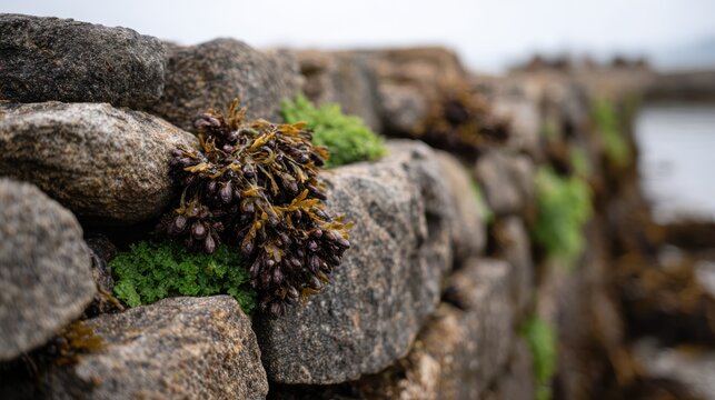 Seaweed and green algae growing on a stone wall along the shoreline, with blurred ocean and rocky landscape in the background