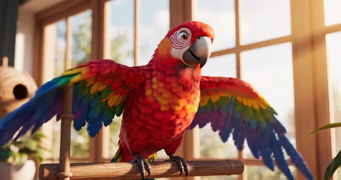 Colorful Parrot on Wooden Perch Indoors.