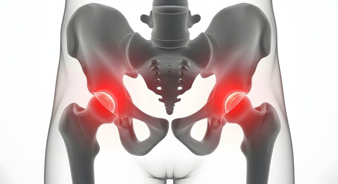 Human pelvic bone and hip joint inflammation. Anatomy of skeletal system and joint pain relief. 3D illustration of red glowing points on acetabulum and femur head
