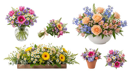 Obraz premium Photograph of diverse floral arrangements and bouquets, isolated on transparent background.