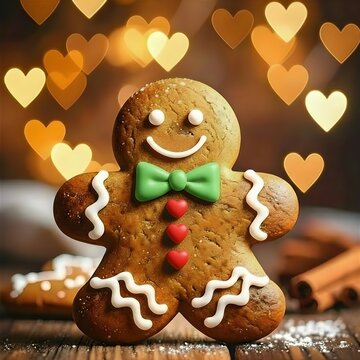 Lebkuchenmann mit Herz-Bokeh-Hintergrund
