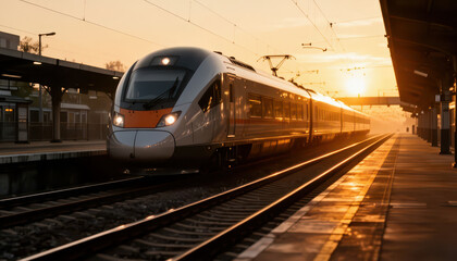 Fototapeta premium The train is arriving at the station during sunrise. The train on the tracks glows in the morning light as the platform waits for passengers.