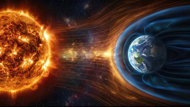 Sun unleashing powerful solar plasma eruption towards Earth, planetary magnetosphere deflecting harmful cosmic radiation, geomagnetic storm interaction, space weather phenomenon, protective shield.