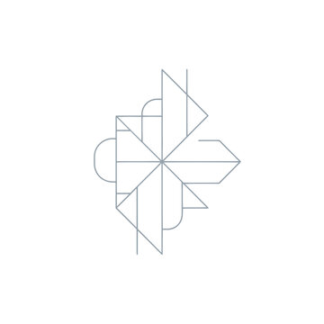 A geometric pattern in a muted blue-gray color, centered on a white background. It combines lines, arcs, triangles, and squares