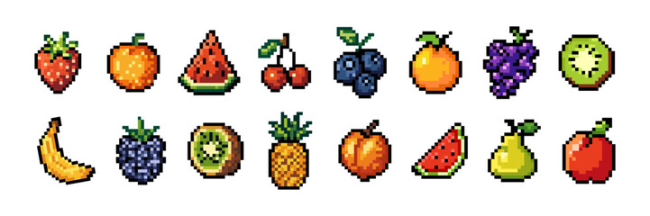 Fototapeta premium Pixel art fruit icon set with colorful 8 bit bananas, watermelon, grapes, berries, and more tropical fruits isolated on white background, ideal for games apps and retro design.Vector illustration