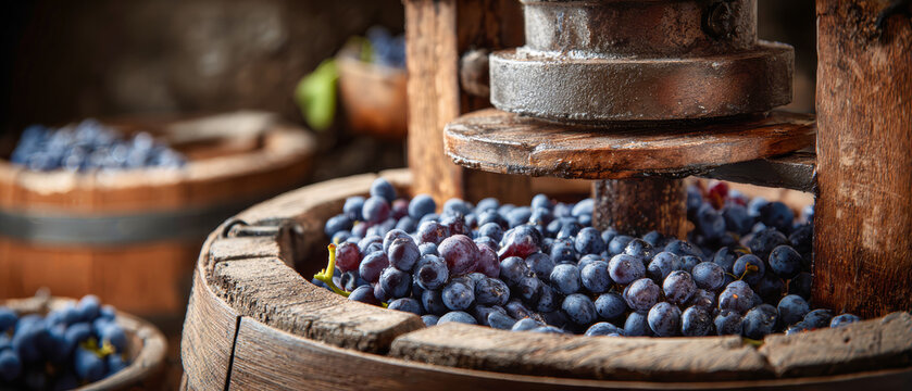 Purple grapes are being pressed in a wooden press at a winery, with barrels in the background and a medieval funnel-hopper above the barrel